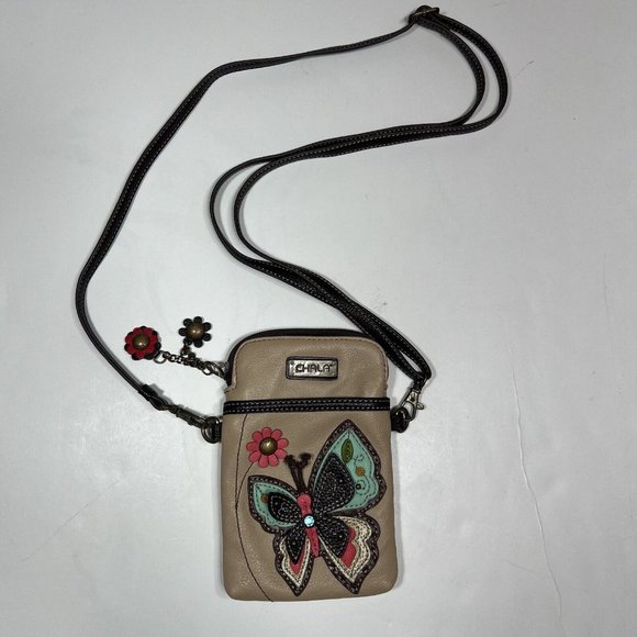 Chala Handbags - Chala Handbags Cell Phone Crossbody Purse Butterfly And Flowers, Leather Tan